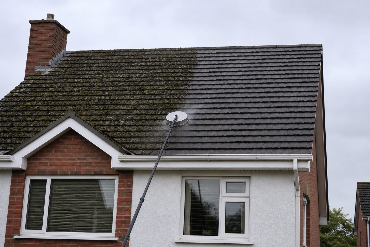 Stainless steel rotary surface cleaner removing moss from a roof in Belfast